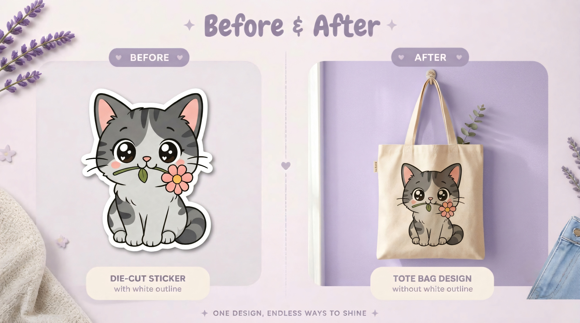 Before and after: sticker with white outline vs. used in a t-shirt design